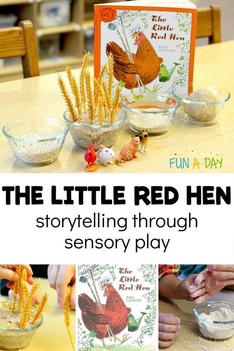 Stories Activities For Preschool, Story Book Activities Preschool, Story Baskets For Preschool, Story Baskets For Toddlers, Farm Learning Activities, Book Activities For Preschoolers, Kitchen Preschool, Little Red Hen Activities, Story Baskets