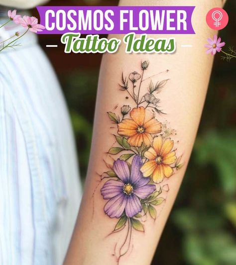 October And April Flower Tattoo, Mum Flower Tattoo Ideas, Peony And Cosmos Tattoo, Larkspur And Cosmos Tattoo, Cosmos Flower Tattoo Color, Violet And Cosmos Tattoo, Cosmo Floral Tattoo, Cosmo Flower Tattoo Designs, Color Pop Tattoo