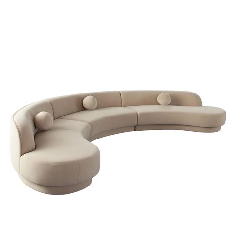 The Zelda 3PC Curved Modular Collection by Diamond Sofa oozes a sophisticated & chic vibe with its sensuous curves, low profile seating & modular configurability. Covered in a Camel Performance Velvet fabric, the Zelda collection is truly Fashion + Function. Seating Height is 16.5 Inches. Zelda Collection inclu Goa Villa, Zelda Collection, Sofa Curved, Circle Sofa, Curvy Sofa, Outdoor Sofa Bed, Curved Sectional, Sofa Dimension, Buy Sofa