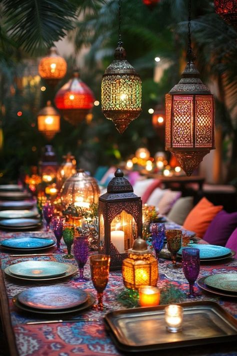 29 Boho Wedding Table Decorations for a Unique and Romantic Touch 17 Bollywood Table Decor, Morocco Table Decor, Arabian Nights Table Setting, Indian Dinner Party Table, Moroccan Birthday Party Ideas, Colorful Indian Wedding Decor, Middle Eastern Table Setting, Turkish Theme Decor, Sangeet Table Decor