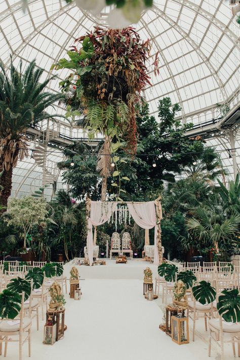 Botanical, Aisle Decor with Indian Mandap Wedding Ceremony Altar | Hindu Wedding at Sefton Park Palm House with Bride & Bridesmaids in Sarees, Plus Botanical Plants & Bright Decor by The Wild Bride Photography Glass House Wedding Venue, Sefton Park, Glass House Wedding, Kelsey Rose, Wedding Venues Uk, Ibiza Wedding, Mandap Decor, Botanical Gardens Wedding, Wedding Mandap