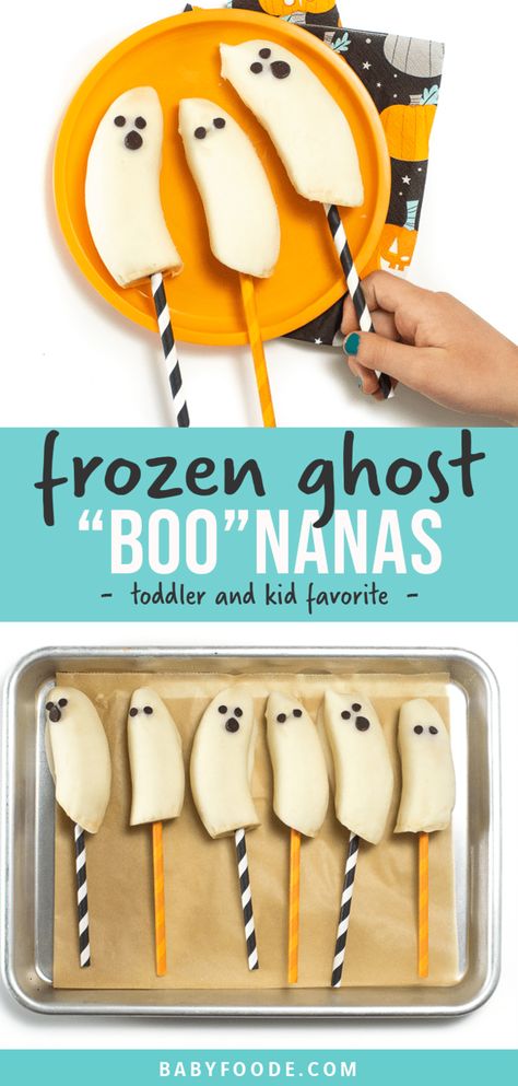 These Frozen Ghost Bananas, or as my kids call them "Boo"nanas, take minutes to make and are a great way to get into the spooky festivities! All you need is bananas, yogurt and a few chocolate chips to make this fun Halloween treat! #halloween #kid #toddler #treat #healthy Ghost Snacks Preschool, Yogurt Halloween Treats, Ghost Banana Pops, Boo Bananas, Banana Halloween Treats, Ghost Recipes Halloween Treats, Ghost Bananas, Healthy Halloween Treats To Hand Out, Halloween Bananas