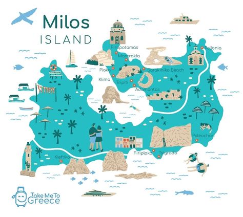 Milos Travel Guide 2024 | Take Me To Greece Milos Greece, Map Of Greek Islands, Greece Milos, Milos Greece Pictures, Map Of Mykonos Greece, Sarakiniko Beach, Greece Map, City Island, Best Beaches To Visit