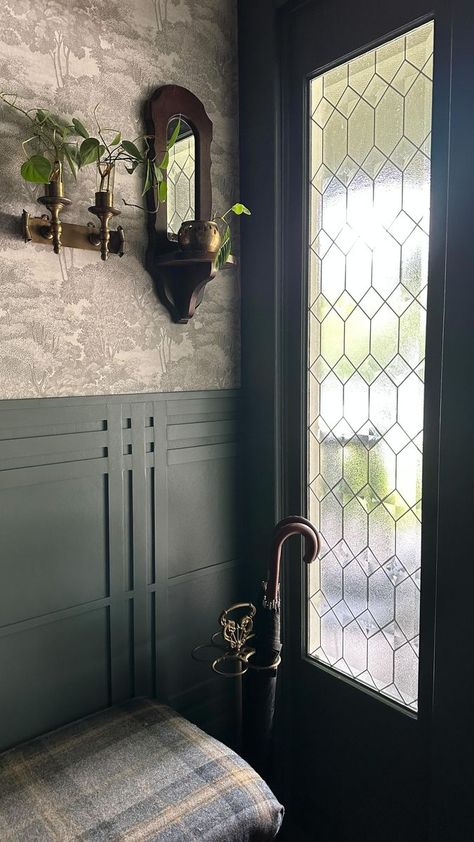 Leaded glass window film linked in my bio! 💠✨ I first used this privacy film in my green bathroom and have loved it ever since! It not only provides a *ton* of privacy but it’s also extremely convincing—it’s even textured to look like the real deal up close 💎 #homedecor #interiordesign #windowtreatments | Renee Renovates | Taylor Swift · Mine (Taylor's Version) Modern Window Film, Foyer Design Modern Entrance, Glass Front Door Privacy, Elegant Entryway Decor, Bathroom Window Privacy, Glass Pantry Door, Bathroom Window Treatments, Entryway Decor Ideas, Entryway Style