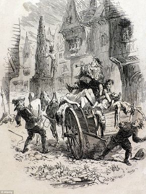 The plague drastically culled the European population during the 14th and 17th centuries. The drawing above shows plague victims being taken away on a cart in London, which became a common site in the 14th century Historical Novels, British History, Chestnut Brown, Drapery Fabric, 14th Century, Middle Ages, 17th Century, Sewing Fabric, Chestnut