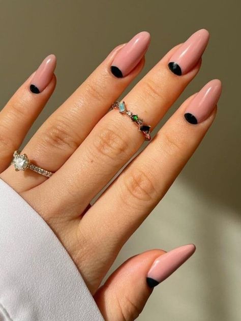 Long nude nails with a half moon in black Nail Star, Nude Nails With Glitter, Moon Manicure, Classy Looks, Polka Dot Nail Art, White Tip Nails, Nail Designs Ideas, Korean Nail Art, Dot Nail Art