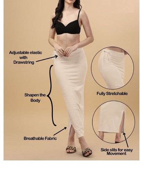 Beige Women Shapewear, Ladies Cotton Blended with Drawstring Rope for Saree Saree Shapewear, Clothing Fabric Patterns, Saree White, Women Shapewear, Thigh Band, Skirt Shapewear, Saree Petticoat, Women's Shapewear, Saree Look