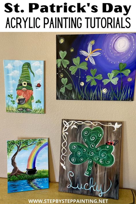 Acrylic painting tutorials free online by artist Tracie Kiernan. Learn how to paint St. Patrick's Day theme designs. St Patricks Day Diy Painting, St Patricks Day Paintings On Canvas Kids, St Patricks Canvas Painting Ideas Easy, Saint Patricks Day Paintings, St Patricks Day Gnomes Painting, St Patricks Paintings On Canvas, St Patricks Day Canvas Painting Ideas, At Patrick’s Day Painting, St Patrick’s Day Painting Ideas