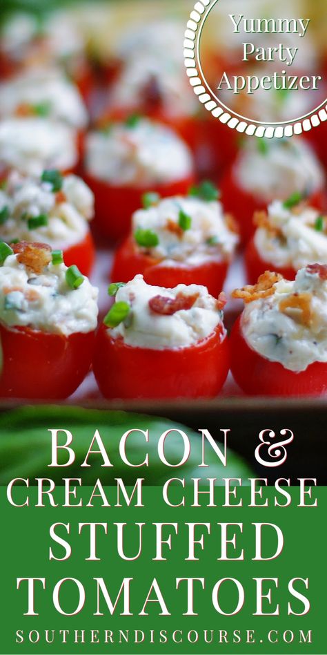 With a cream cheese filling that’s loaded with fresh herbs and real bacon, these cherry tomato appetizers are literal BLT flavor bombs you and your guests will love! Serve Bacon Cream Cheese Stuffed Tomatoes at cookouts, parties, for holidays, showers, even brunch. Stuffed Tomato Appetizers, Cream Cheese Stuffed Tomatoes, Cheese Stuffed Tomatoes, Cherry Tomato Appetizers, Southern Discourse, Tomato Appetizers, Southern Cooking Recipes, Stuffed Tomatoes, Bacon Appetizers