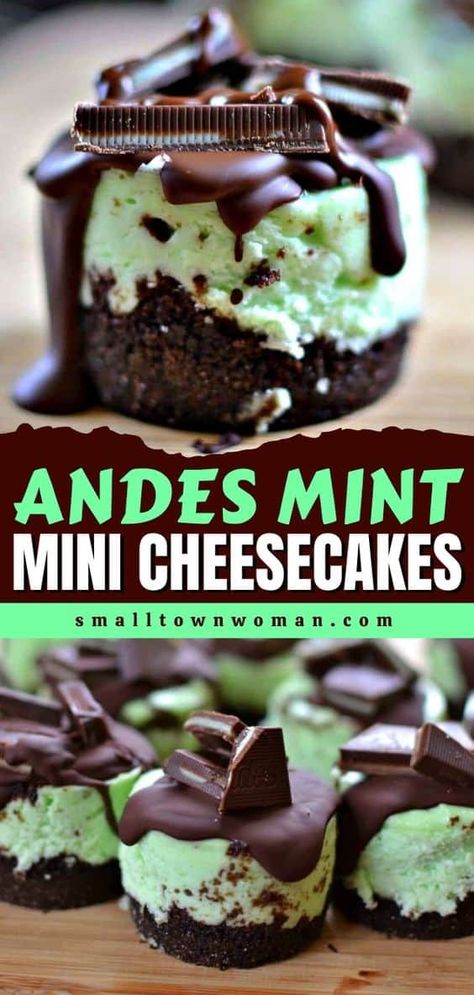 Whip up these easy mini cheesecakes! Topped with chocolate and Andes Mint candies, they're the perfect St. Patrick's Day dessert recipe for a crowd. Definitely party-worthy! Happy St. Patrick's Day baking! Green Treats, Holiday Desserts Thanksgiving, Chocolate Graham Cracker Crust, Cheesecake Desserts Recipes, Mint Desserts, Mint Cheesecake, Mini Cheesecake Recipes, Andes Mint, Easy Dessert Recipes Quick