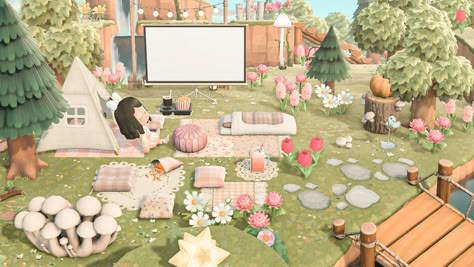 Outdoor Movie Area Acnh, Movie Area Animal Crossing, Acnh Tent Area, Acnh Cottagecore Small Areas, Acnh Outdoor Bath Ideas, Movie Area Acnh, Outdoor Movie Acnh, Outdoor Cinema Animal Crossing, Acnh Small Area Ideas Cottagecore