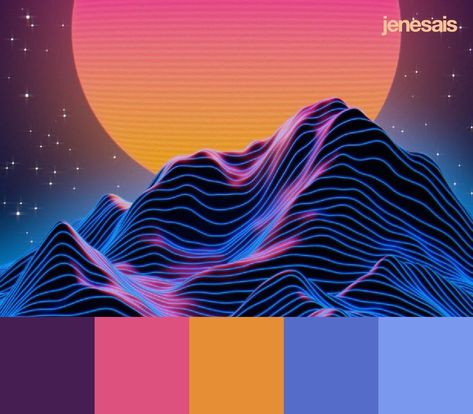 Neon Space Color Palette, Twilight Colour Palette, Retro Space Color Palette, Retrowave Color Palette, Synthwave Color Palette, Sun Colour Palette, Synthwave Palette, Color Palette Space, Colour Palette Neon