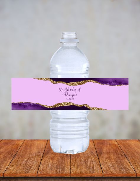 Happy Birthday Water Bottle Labels, Purple And Gold Party, Purple Water Bottle, Gold Water Bottle, 50th Birthday Themes, Birthday 21, Water Bottle Labels Template, Purple Water, Bottle Label Template