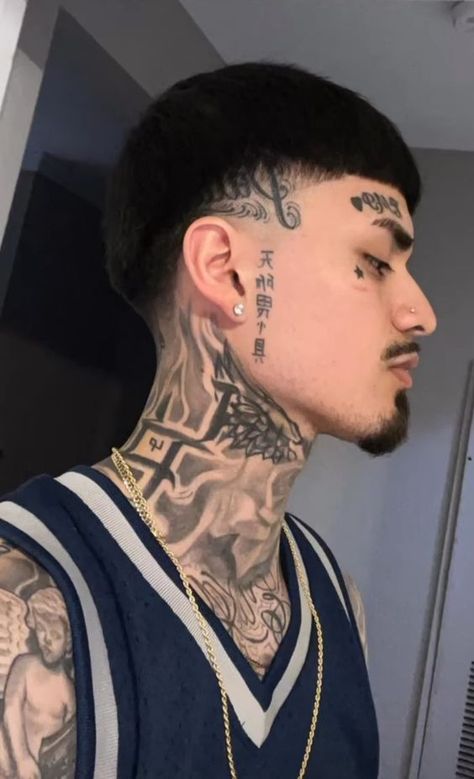 Mexican Neck Tattoo, Micro Realism Tattoo Men, Chicano Neck Tattoos, Full Neck Tattoos For Men, Side Of Face Tattoo, Side Face Tattoo, Front Neck Tattoo For Guys, Neck Tattoo Back, Face Tattoo Men