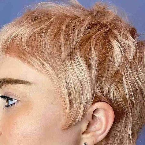 Copper Blonde Pixie, Golden Blonde Pixie, Pink Pixie Haircut, Strawberry Blonde Pixie, Peachy Hair Color, Ginger Blonde Hair, Short Copper Hair, Pixie Shag, Icy Hair