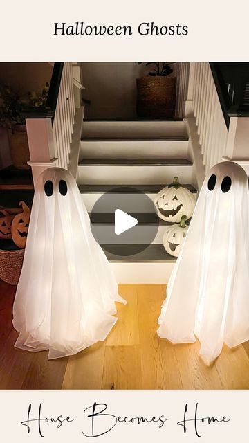 Jordan farmer on Instagram: "Oh my gourd!! How cute are these diy ghosts! My cousin shared this diy with me, and I immediately made them! So easy and cute! You may even have all you need! I got the tablecloth from the dollar store, used Christmas lights I already had, bought a tomato cage and styrofoam balls. I was thinking you could also use styrofoam pumpkins as the head, if you have any lying around. Definitely worth making!! They can outside in a covered area too! #halloween #halloweendecor #halloweenghost #diy #halloweendiy #ghost" How To Make A Ghost, How To Make Ghosts For Outside, Styrofoam Pumpkins, How To Make Ghosts, Oh My Gourd, Ghost Diy, Tomato Cages, Styrofoam Ball, Drop Cloth