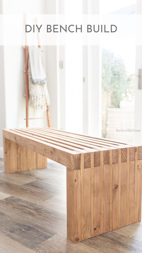 Super easy DIY bench build with 2x4 studs and 1x4 common pine boards. Easy Diy Wood Bench, Easy Pine Wood Projects, Diy Benches Entryway, Easy Wooden Bench, Diy Plant Bench Indoor, 2x4 Bench Plans, Simple Wood Bench Diy, Diy Potting Bench Plans, 2 X 4 Bench Diy