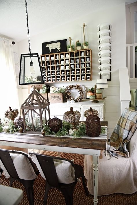 Liz Marie Fall Decor, Country Farmhouse Dining Room, Ikea Buffet, World Market Curtains, Liz Marie Galvan, World Market Rug, Target Table, Fall Dining Room, Liz Marie