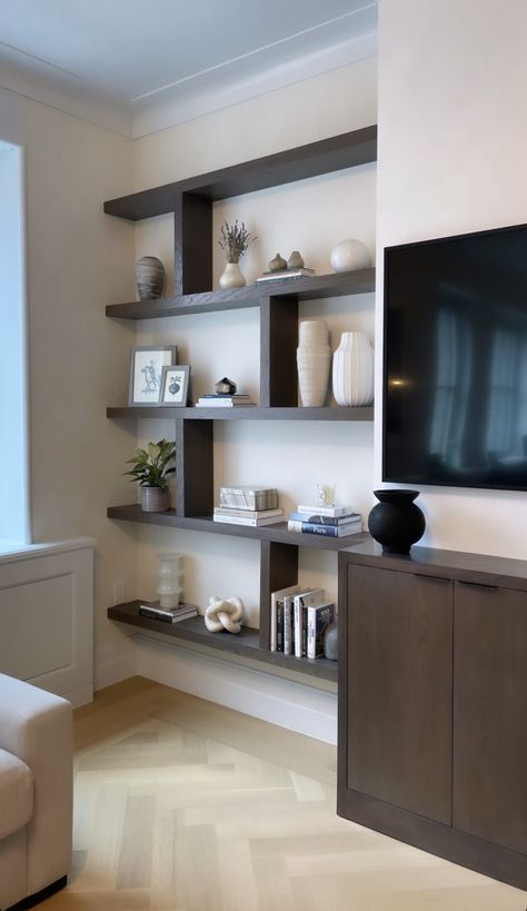 Asymmetric Tv Wall, Media Wall Floating Shelves, Floating Shelves Beside Tv, Tv Wall Ideas Living Room Floating Shelves, Living Room Tv Wall Modern Floating Shelves, Tv Niche Ideas, Shelving Ideas For Living Room, Shelves In Living Room, Decorative Wall Shelves