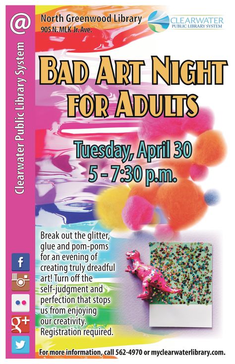 Bad Art Night, College Club Activities, Bad Art Night Library, Adult Library Programs, Library Program Ideas For Adults, Library Programs For Adults, Adult Library Program Ideas, Friends Of The Library Fundraisers, Teen Library Program Ideas