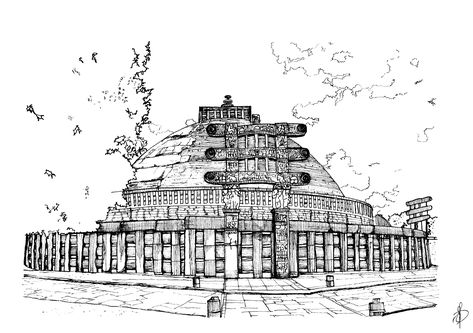 Sanchi Stupa Drawing, Buddhist Architecture Sketches, Sanchi Stupa Sketch, Stupa Drawing, Architecture Sheets, Academic Portfolio, Sanchi Stupa, Buddhist Architecture, Architecture Journal