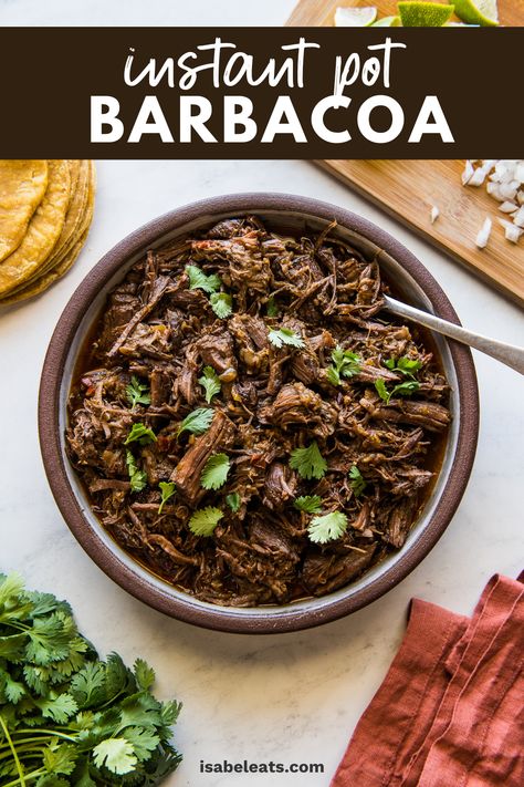 This Barbacoa Beef recipe makes tender and juicy shredded barbacoa in only 90 minutes in the Instant Pot pressure cooker! It's perfect for using in Mexican dishes like tacos, burritos, gorditas, and sopes, or served with a side of rice and beans. Pork Barbacoa Instant Pot, Instant Pot Machaca Beef, Pressure Cooker Meat, Mexican Barbacoa Recipe, Isabel Eats, Barbacoa Recipe, Hispanic Recipes, Ip Recipes, Mexican Menu