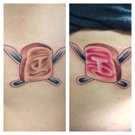 Our 12th anniversary gift: PB tattoos!  Based on our engagement.  I love my husband.  He is truly my best friend, and we complement each other well!!! #tattoo #couple #peanutbutterjellytime Pb&j Tattoo Best Friends, Tattoo Best Friends, Bestie Tats, Well Tattoo, 12th Anniversary Gifts, J Tattoo, Peanut Butter Jelly Time, Tattoo Couple, I Love My Husband