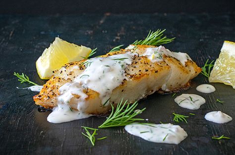 Cod With Dill Sauce, Dill Sauce Recipe, Yogurt Dill Sauce, Pacific Cod, Baked Cod Recipes, Cod Fish Recipes, Dill Recipes, Creamy Dill Sauce, Fried Cod