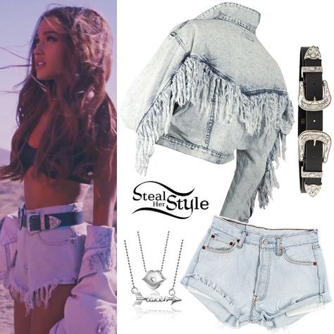 Ariana Grande Into You video Vintage Wash Denim Jacket with Tassels, Vintage Levi’s Shorts, a Bri Bri Black+Silver Belt by B-Low The Belt, a Princess Kiss Necklace and the Words Taken Arrow Necklace both by Alex Woo. Ariana Grande Music Videos, Ariana Grande Outfits, Ariana Grande Style, Mode Chanel, Outfit Jeans, Stage Outfits, Looks Vintage, Outfits Casuales, Teen Fashion