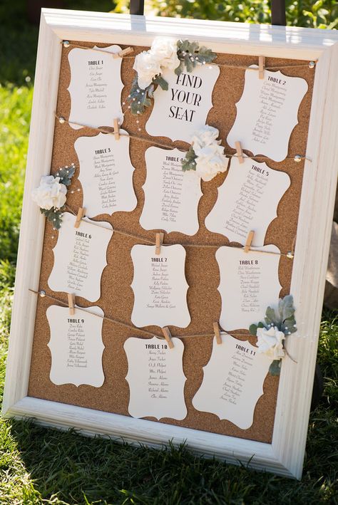 Cork board wedding seating chart #seatingassignments #seatingchart #weddingtables Bulletin Board Seating Chart Wedding, Cork Board Wedding Seating Chart, Wedding Table Number Assignments, Cork Board Wedding Ideas, Simple Wedding Seating Chart Display, Wedding Seating Plan Board, Assigned Tables Wedding Seating Charts, Table Number Display Seating Charts, Easy Diy Wedding Seating Chart