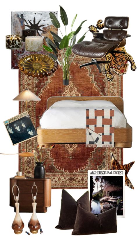 #mcm #bedroom Mid Century Maximalism, Mcm Aesthetic, Maximalism Bedroom, Mcm Bedroom, House Moodboard, Mid Century Bedroom, Moody Bedroom, Mid Century Modern Bedroom, Mcm Decor