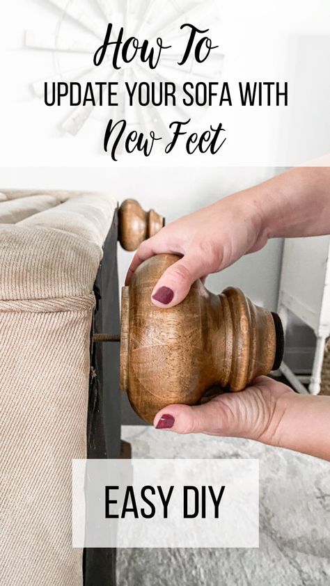 Changing Out Sofa Legs, Ikea Sofa Legs Hack, Couch Feet Replacement, Raise Couch Height Diy, Couch Legs Replacement, Diy Couch Legs Ideas, Couch Legs Ideas, Reupholster Sofa Diy, Diy Couch Risers