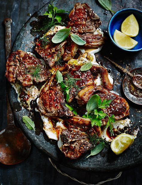 Zaatar lamb chops with salted yogurt, sweet herbs and pomegranate molasses - Sainsbury's Magazine Lebanese Lamb Chops, Lamb Chop Mediterranean, Minted Lamb Chops, Lamb Chops And Couscous, Pomegranate Molasses Lamb Chops, Lamb Dinner, Lamb Chop Recipes, Mutton Recipes, Middle Eastern Dishes