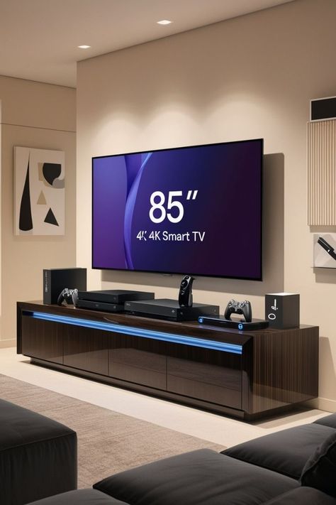 Cool Tv Setups, Big Tv Living Room, Tv Set Up Bedroom, Tv Setup Living Room, Home Entertainment Room, Gray Room Ideas, Color In Interior Design, Tv Setup, Home Theater Room Design