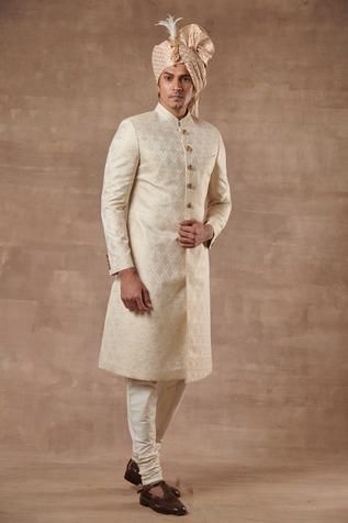 Brocade Sherwani Men, Ivory Sherwani, Indian Wedding Clothes For Men, Embroidered Beads, Chakra Art, Pleated Drapes, Wedding Clothes, Embroidered Collars, Silk Brocade