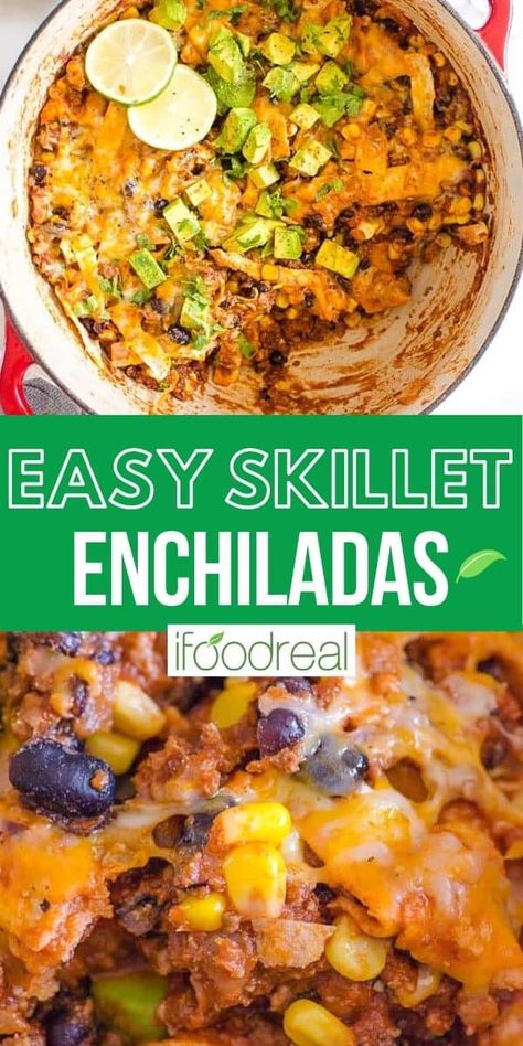 These stove top Skillet Enchiladas are going to be your new favorite one-pot meal in under 30 minutes! Beef enchilada skillet combines juicy ground beef (or chicken/turkey), simmered in a homemade healthy enchilada sauce, before being loaded with hearty beans and corn, and then topped with just enough cheese to be hearty without weighing you down! Healthy Enchilada Sauce, Beef Enchilada Skillet, Ground Turkey Enchiladas, Skillet Enchiladas, Enchilada Skillet, Enchiladas Healthy, 30 Minute Meals Healthy, Healthy One Pot Meals, Beef Enchilada