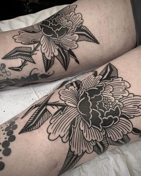 Tattoo uploaded by Daniel Frye • 1632986 • Tattoodo Dark Floral Forearm Tattoo, American Traditional Dahlia Tattoo, Bold Peony Tattoo, Black And Grey And Color Tattoo, Black Floral Tattoo Sleeve, Dahlia Hip Tattoo, Elbow Ditch Tattoos For Women, Linocut Tattoo Design, Elbow Flower Tattoos