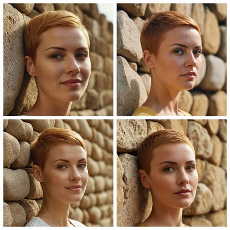 4 women, 4 ginger pixiecuts. Women with honey ginger short and simple pixiecut. All women are stanting next to stone wall. Colors of hair and wall seems merge. Generated by AI (Stable diffusion). #aicreation #hairstyle #aimodels #aihairstyle #stablediffusion #stonewall #shorthair #pixiecut #gingerhair #eyecatching Ginger Hair Short Pixie, Redhead Pixie Haircut, Pixie Haircut Emma Watson, Emma Watson Short Hair Pixie, Amelie Aesthetic, Colors Of Hair, Ginger Pixie, Scarlet Johanson Pixie Haircut, Very Short Pixie Haircut