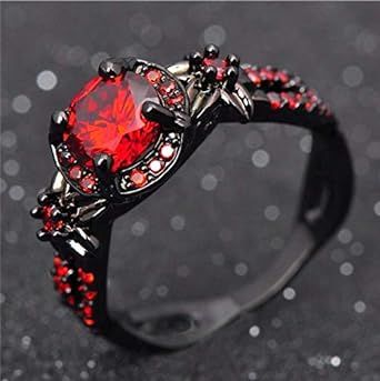 DUAN Finger Rings White Fire Opal CZ Fashion Round Red Ruby Ring Women's 10KT Black Gold Filled Wedding Jewelry Size 6-10 Dark Vampire, Red Ruby Ring, Finger Rings, Red Ruby, Ruby Ring, White Ring, Earring Backs, Fire Opal, Women Rings