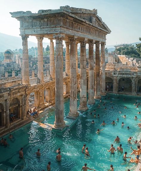 Roman Baths, Minecraft Architecture, Fantasy Places, Fantasy Concept Art, Ancient Architecture, Ancient Ruins, Ancient Rome, Magical Places, Beautiful Buildings