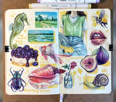 Alcohol Marker Art, Color Markers Art, Sketchbook Spreads, Sketchbook Design, Sketchbook Spread, Markers Drawing Ideas, Gcse Art Sketchbook, Sketchbook Drawings, Sketchbook Art Journal