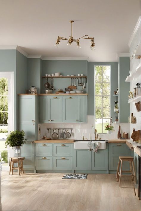 Durable, Beautiful, Kitchen Paint Sheen, 2024 Trends Greenish Blue Cabinets, Blue Green Kitchen Cabinets, Green Blue Kitchen, Blue And Green Kitchen, Blue Green Kitchen, Green Kitchen Cabinets, Kitchen Surfaces, Dark Kitchen, Paint Sheen