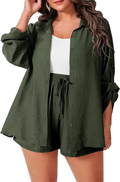 IN'VOLAND Women's Plus Size 2 Piece Outfits Cotton Linen Shirt and Drawstring Shorts Set Summer Casual Tracksuits 2023 Plus Size Cruise Outfits, Plus Size Shorts Outfit, Plus Size Summer Casual, Plus Size Summer Outfits, Plus Size Summer, Plus Size Shorts, Tracksuit Women, Casual Sets, Outfits Casual