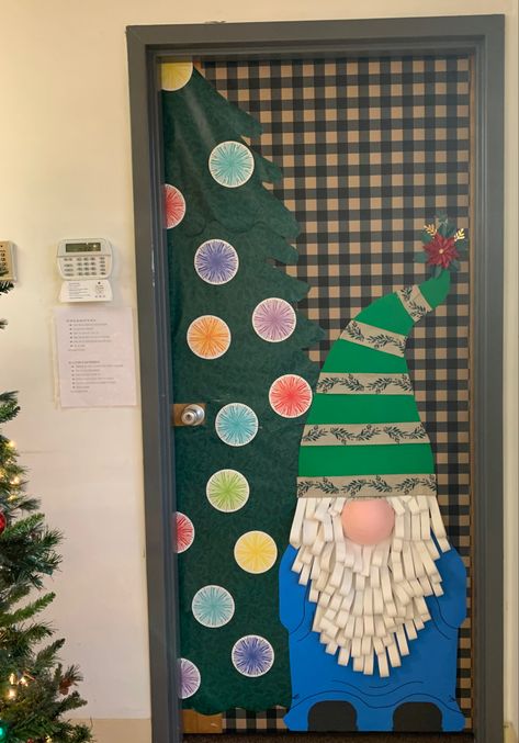 Office door, Christmas decorating contest featuring a Christmas Gnome. Gnome Office Door Decoration, Gnome Door Decorating Contest, Gnome Christmas Bulletin Board Ideas, Christmas Village Classroom Door, Gnome Christmas Door Decorating Contest, Xmas Office Door Decorating Ideas, Christmas Gnome Door Decoration, Gnome Christmas Door Decoration, Holiday Door Decorations For Work Office