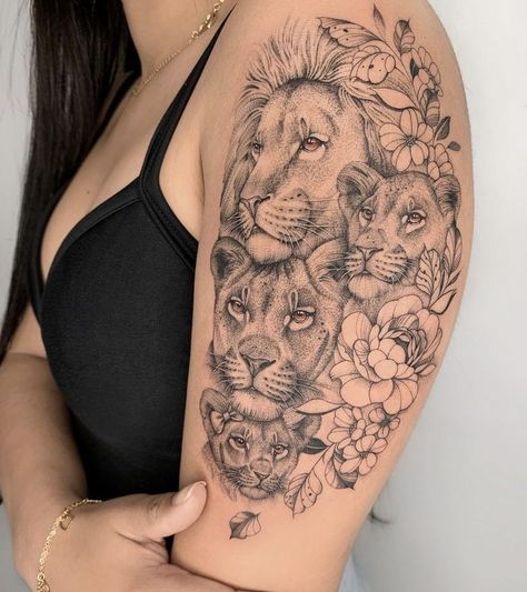 Lion And Her Cubs Tattoo, Lioness And Flowers Tattoo, Family Tattoo Ideas For Women Unique, Lion Family Tattoo For Women, Chest Cover Up Tattoo Female, Lion Family Tattoo, Tattoo For Children, Couples Tattoo, Girls Tattoos