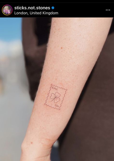 Sticks not stones London Clover Stamp Tattoo, Northern Irish Tattoos, Small Irish Tattoos For Men, Tattoos In Irish, Ireland Postage Stamp Tattoo, Irish Post Stamp Tattoo, Irish Themed Tattoos, Ireland Travel Tattoo, Cute Four Leaf Clover Tattoo