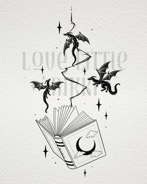 Dragon With Lightning Tattoo, Dragon And Books Art, Fantasy Books Drawing, Book Open Tattoo, Dragon Book Tattoo For Women, Flying Books Drawing, Fourth Wing Tattoo Designs, Reading Tattoo Ideas, Drawing Ideas Dragon