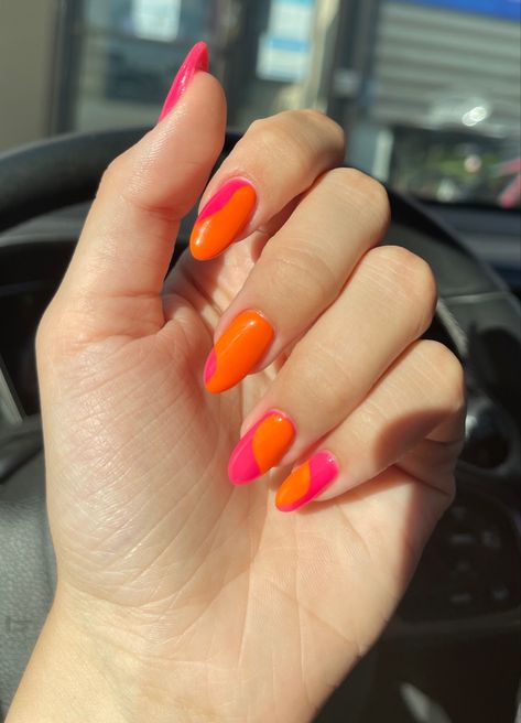 Bright Nails Square, Pink And Orange Gel Nails, Miami Nails Summer, Bright Summer Nails Almond Shape, Pink Orange Nails Summer, Miami Nails Ideas, Summer Nails Pink And Orange, Orange Pink Nails, Nails Pink And Orange