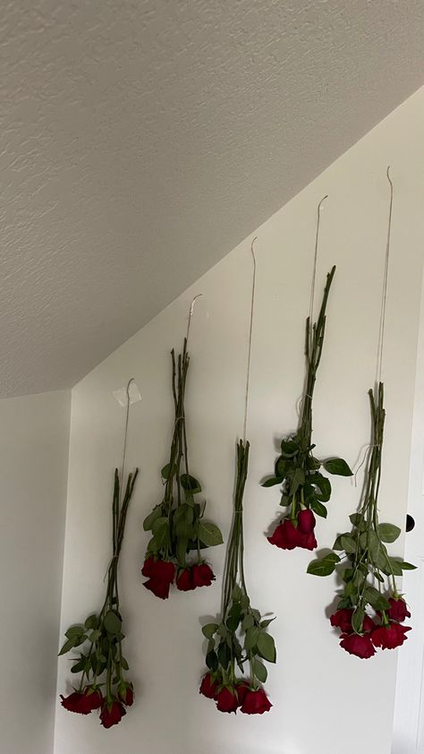 Rose Wall Room Decor, Hanging Roses From Ceiling, Cherry Red Room Aesthetic, Cherry Room Aesthetic, Cherry Room Decor, Roses On Wall, Flower Room Aesthetic, Christmas Art Aesthetic, Rose Room Decor