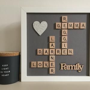 Scrabble Letter Crafts, Scrabble Tile Art, Scrabble Frames, Framed Word Art, Happy Birthday Valentine, Scrabble Tile Wall Art, Our Family Tree, Letter Craft, Christmas Arts